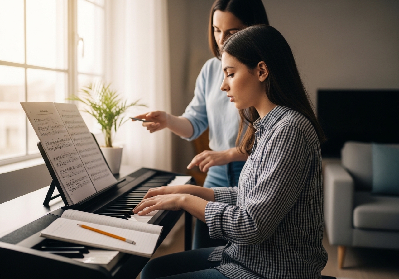 Student preparing for music audition with piano lesson and sheet music